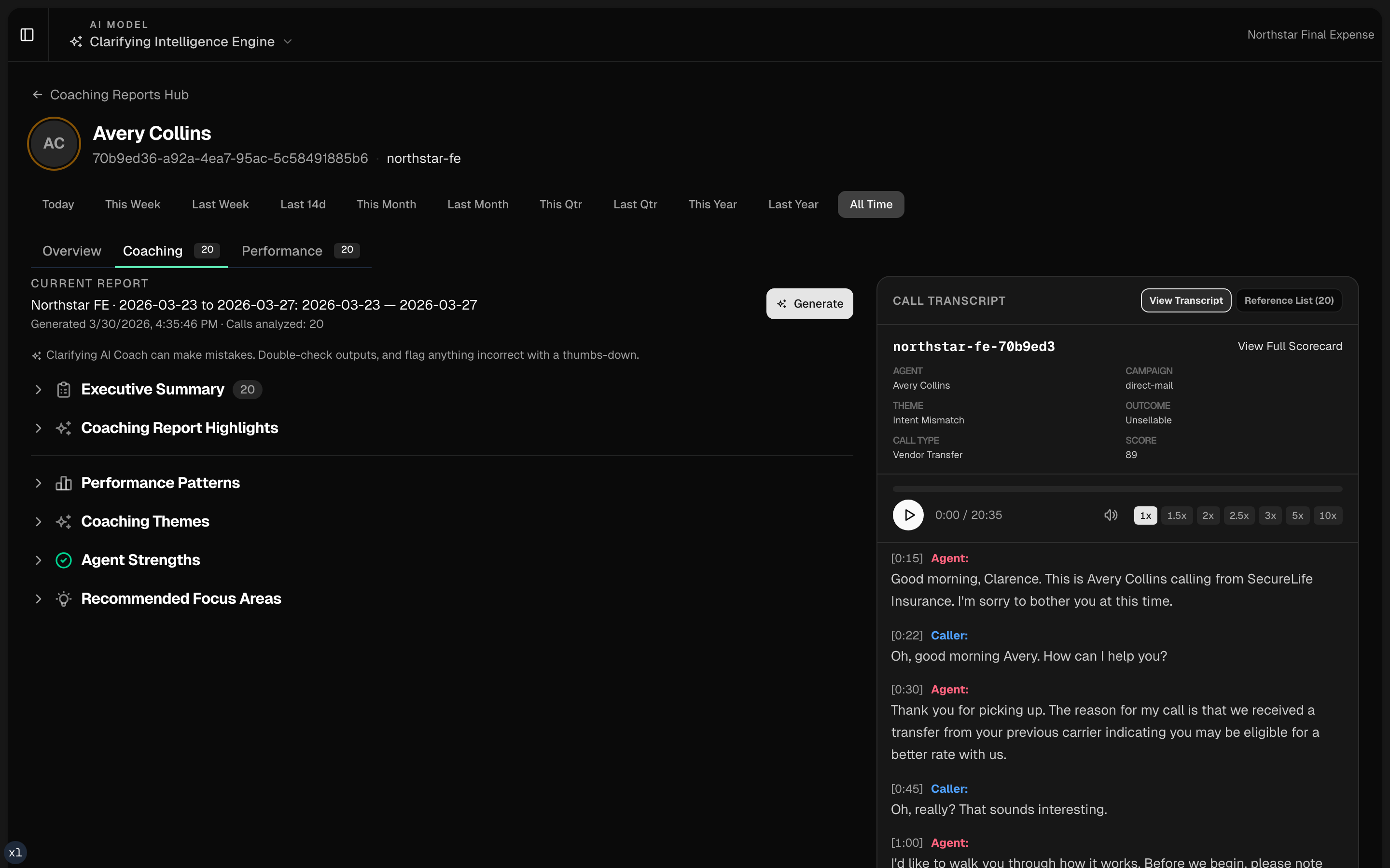 Telegento Coaching Report — AI-generated coaching insights with transcript evidence