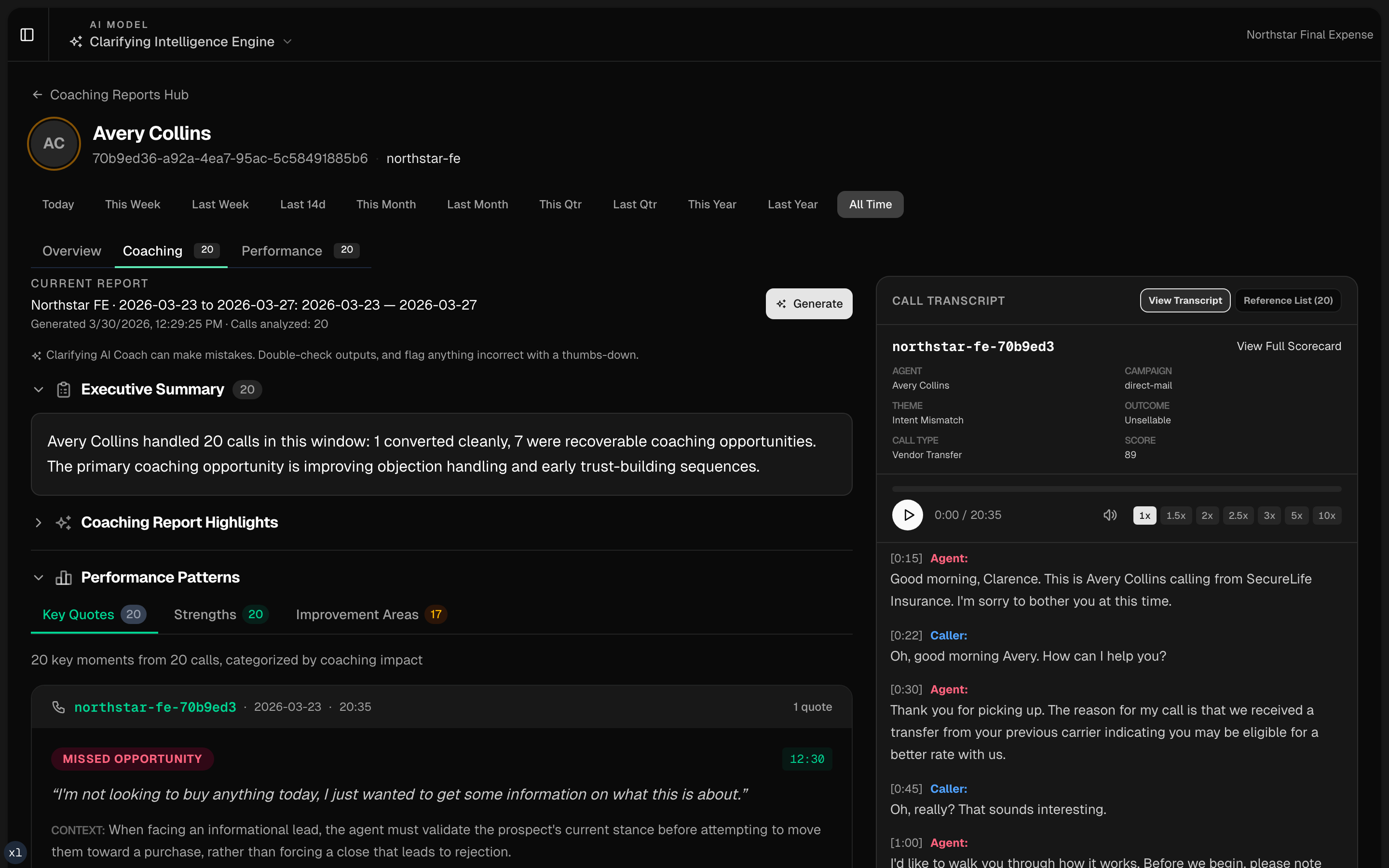Telegento Coaching Report — AI-generated coaching insights with transcript evidence
